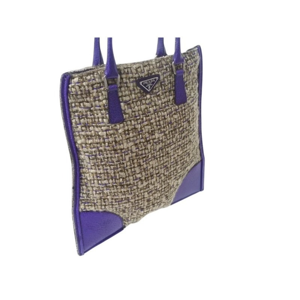 Prada leather triangle tweed Beige purple logo handbag Tan - Picture 4 of 8